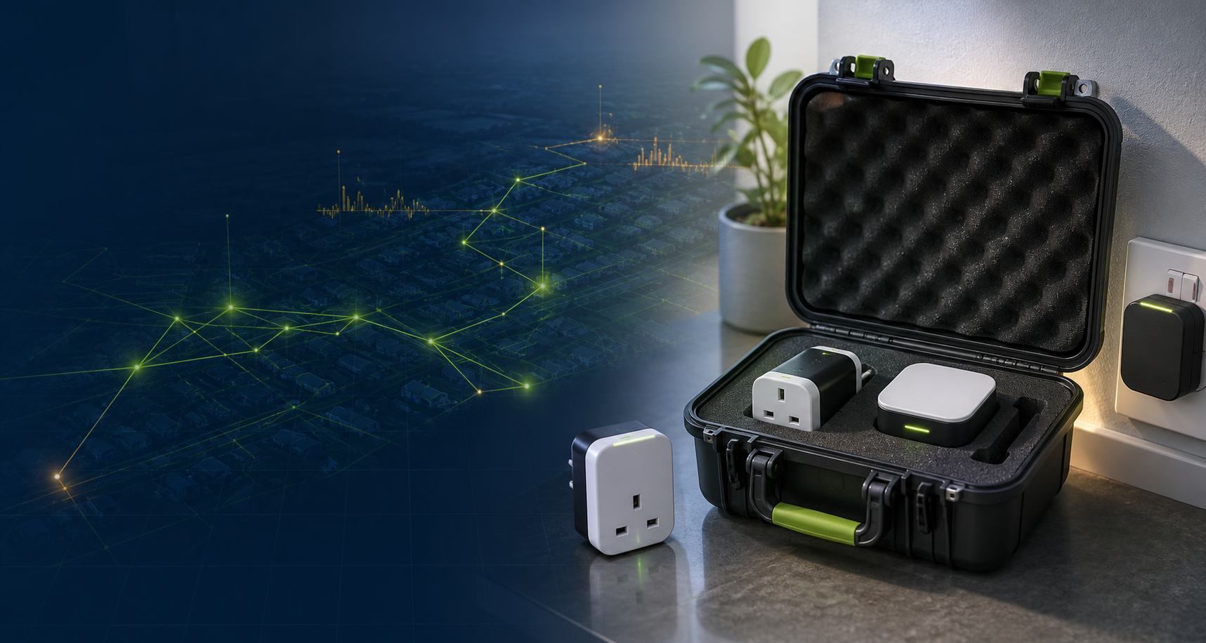 A compact monitoring kit in a protective mail-out case beside a UK wall socket and subtle network map lines.